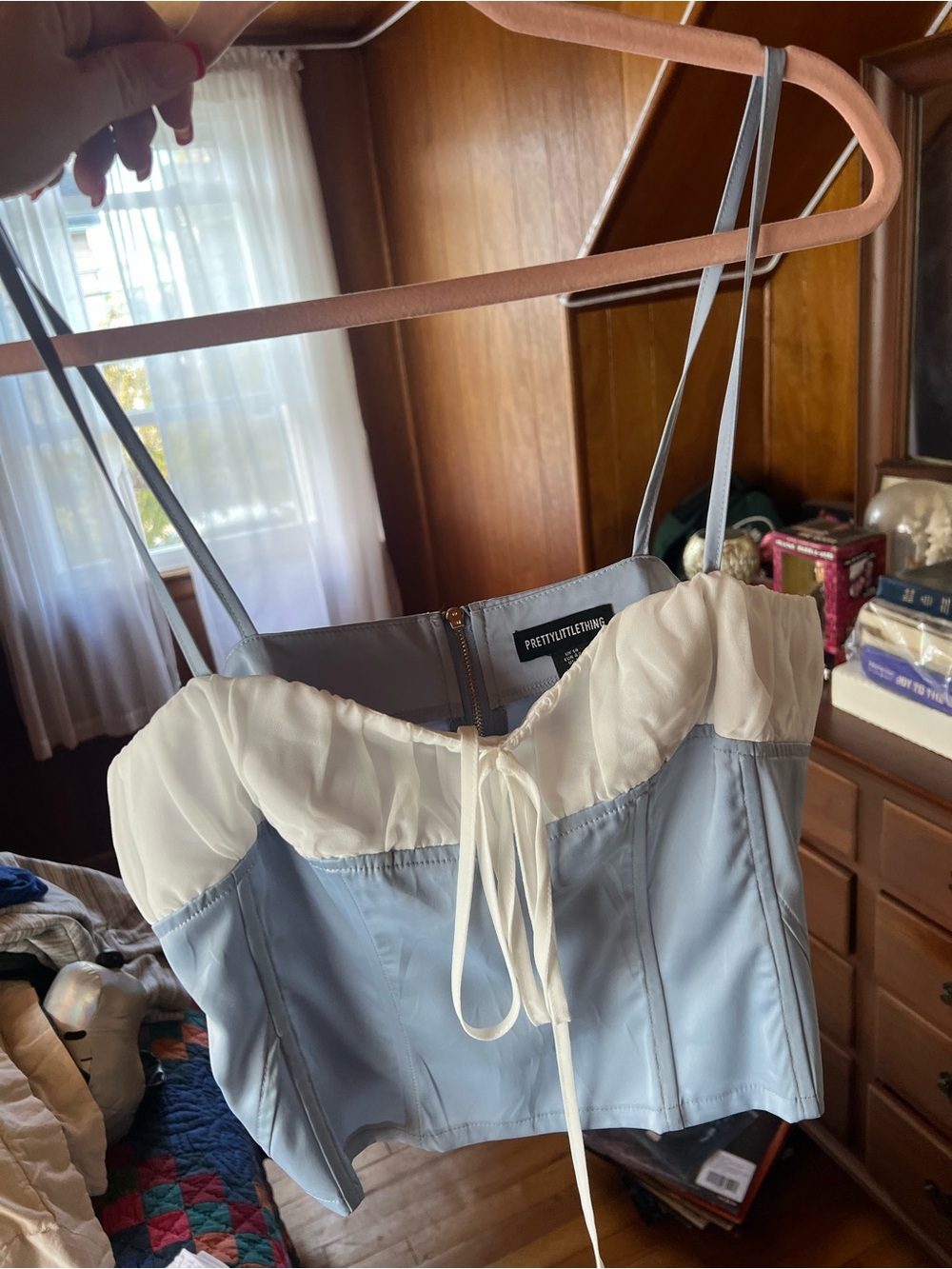 PRETTYLITTLETHING Light Blue and Cream Corset Cami Top